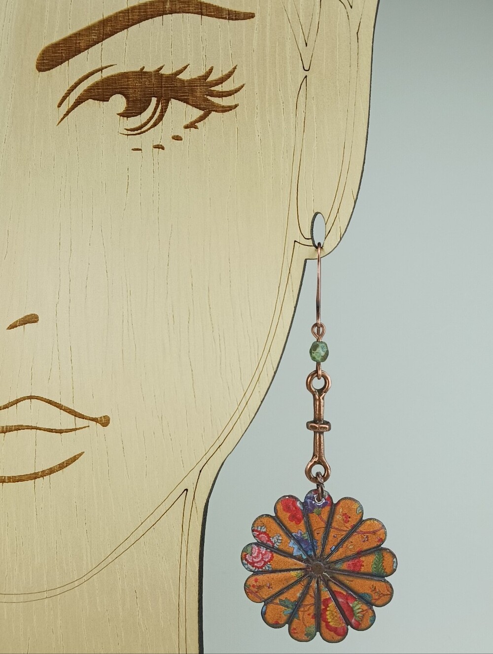 Burnt Orange Floral Earrings Antiqued Copper Green Glass Hand Crafted - Picture 5 of 6